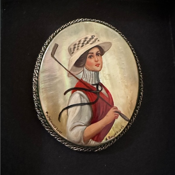 Vintage Hand Painted Portrait‎ Pin Victorian Lady Golfer